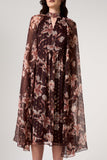 Bronwyn brown floral print cape sleeve midi dress by Frock and Frill with gold thread flecked detailing designed for elegant occasion and day to evening wear styling