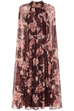 Bronwyn brown floral print cape sleeve midi dress by Frock and Frill with gold thread flecked detailing designed for elegant occasion and day to evening wear styling