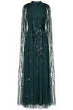Calytrix Green Embellished Maxi Dress with Cape Sleeves