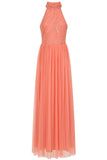 Caroline coral embellished halter neck maxi dress with intricate bead detailing and flowing full-length silhouette designed for statement occasion wear styling