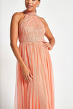 Caroline Coral Embellished Halter Neck Maxi Dress