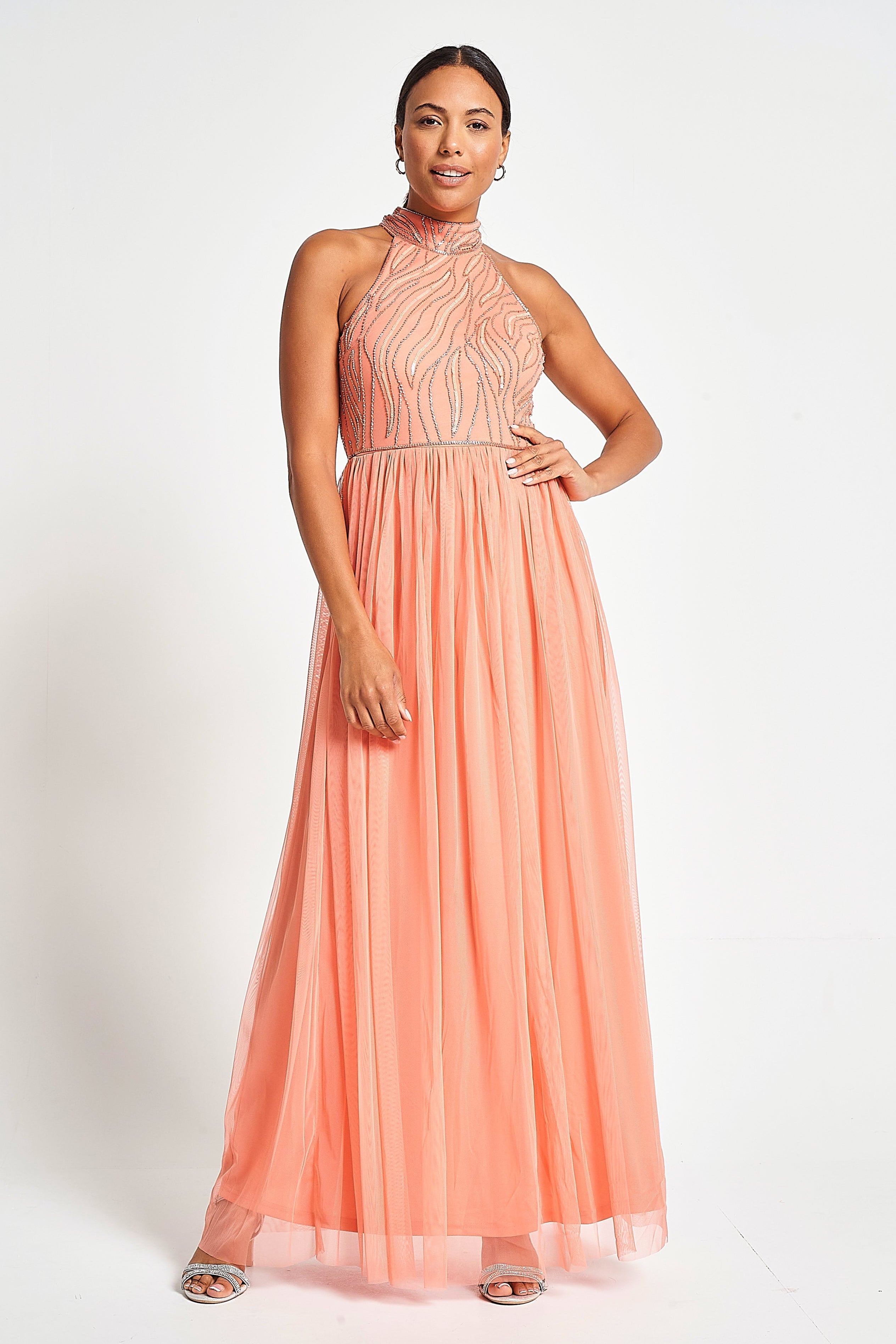 Caroline Coral Embellished Halter Neck Maxi Dress