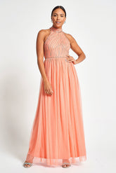 Caroline Coral Embellished Halter Neck Maxi Dress