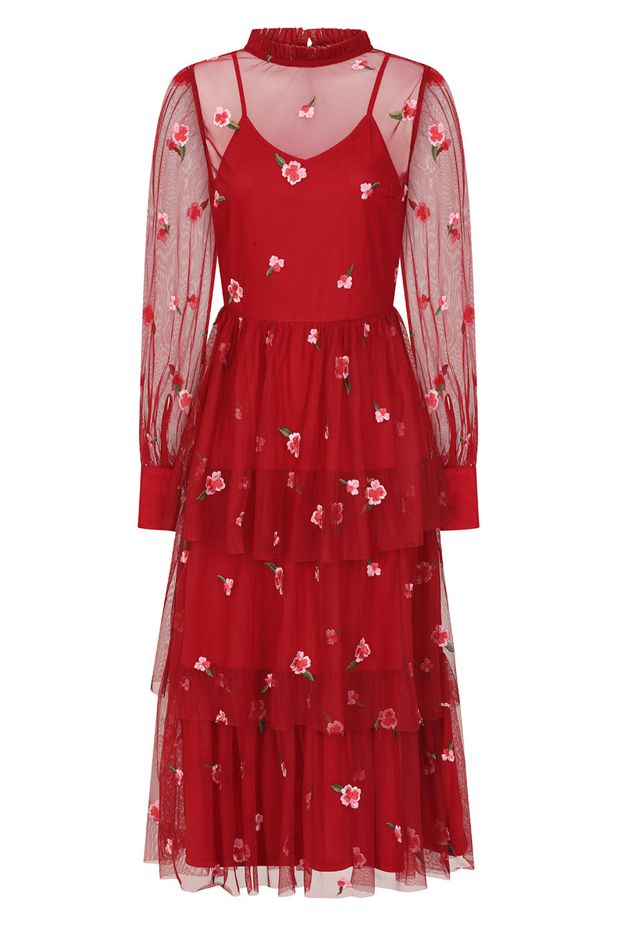 Carys Red Floral Embroidered Midi Dress