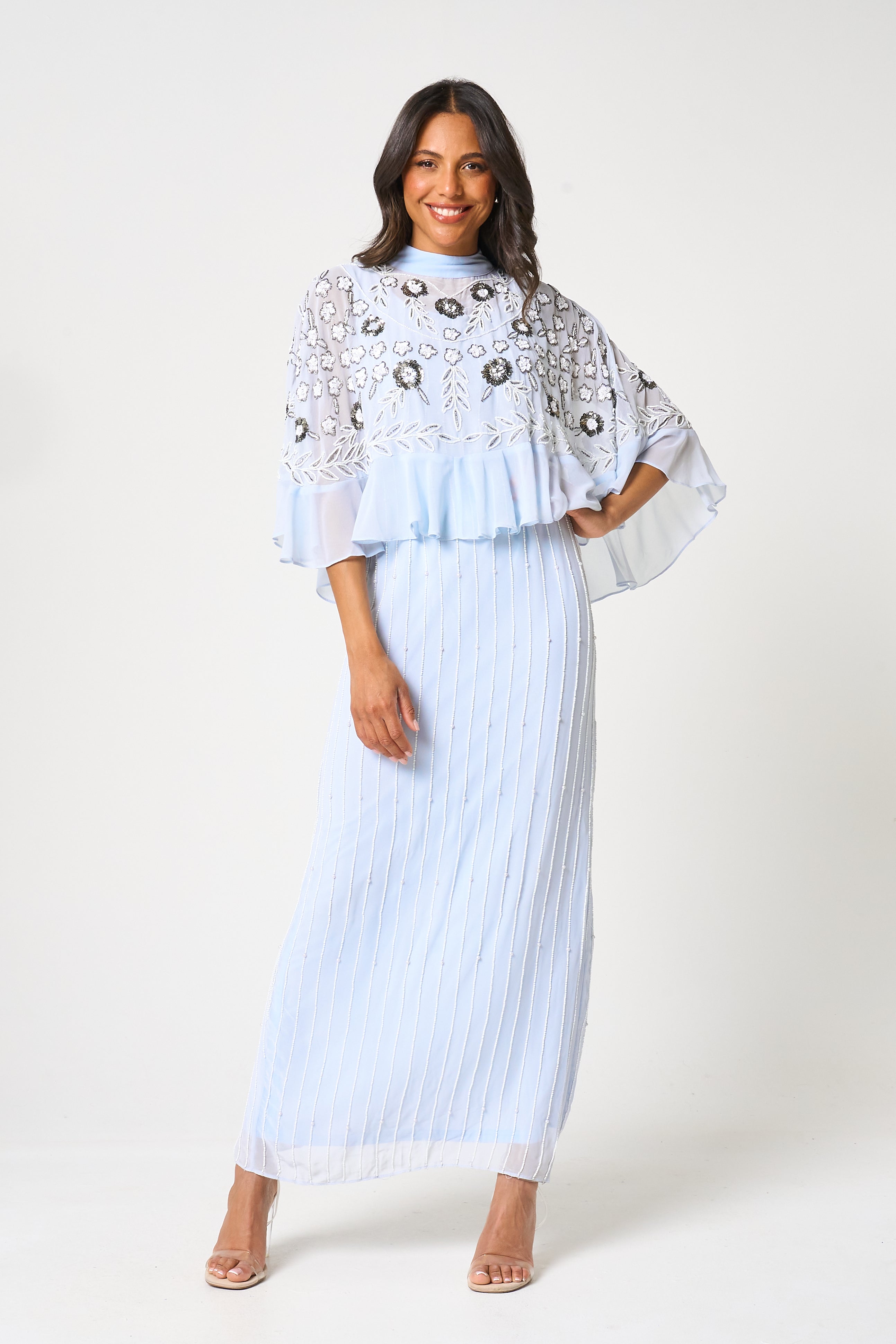 Celeste Blue Embellished Maxi Dress with Detachable Cape