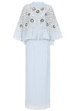 Celeste Blue Embellished Maxi Dress with Detachable Cape