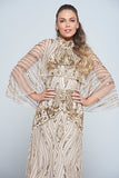 Celestine neutral-hued gold embellished maxi dress with flowing cape overlay, long sleeves, and modest elegant silhouette for weddings and formal occasions.