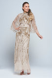 Celestine neutral-hued gold embellished maxi dress with flowing cape overlay, long sleeves, and modest elegant silhouette for weddings and formal occasions.