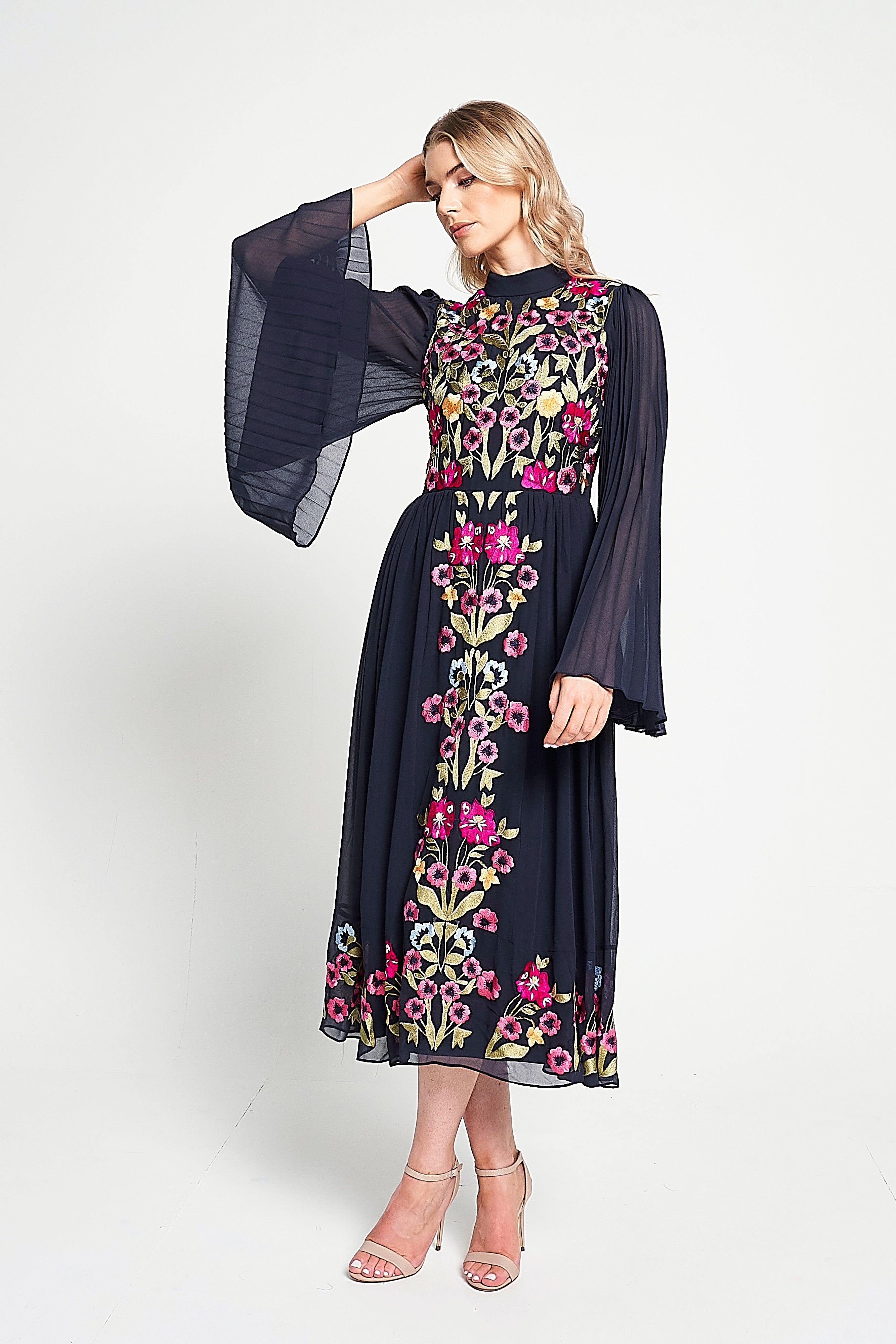 Cerelia Navy Floral Embroidered Midi Dress