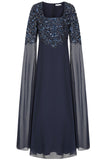 Cherith navy embellished cape sleeve maxi dress by Frock and Frill with square neckline, cascading bodice embellishment and full-length silhouette for elegant occasion wear styling