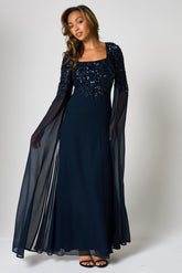 Cherith navy embellished cape sleeve maxi dress by Frock and Frill with square neckline, cascading bodice embellishment and full-length silhouette for elegant occasion wear styling
