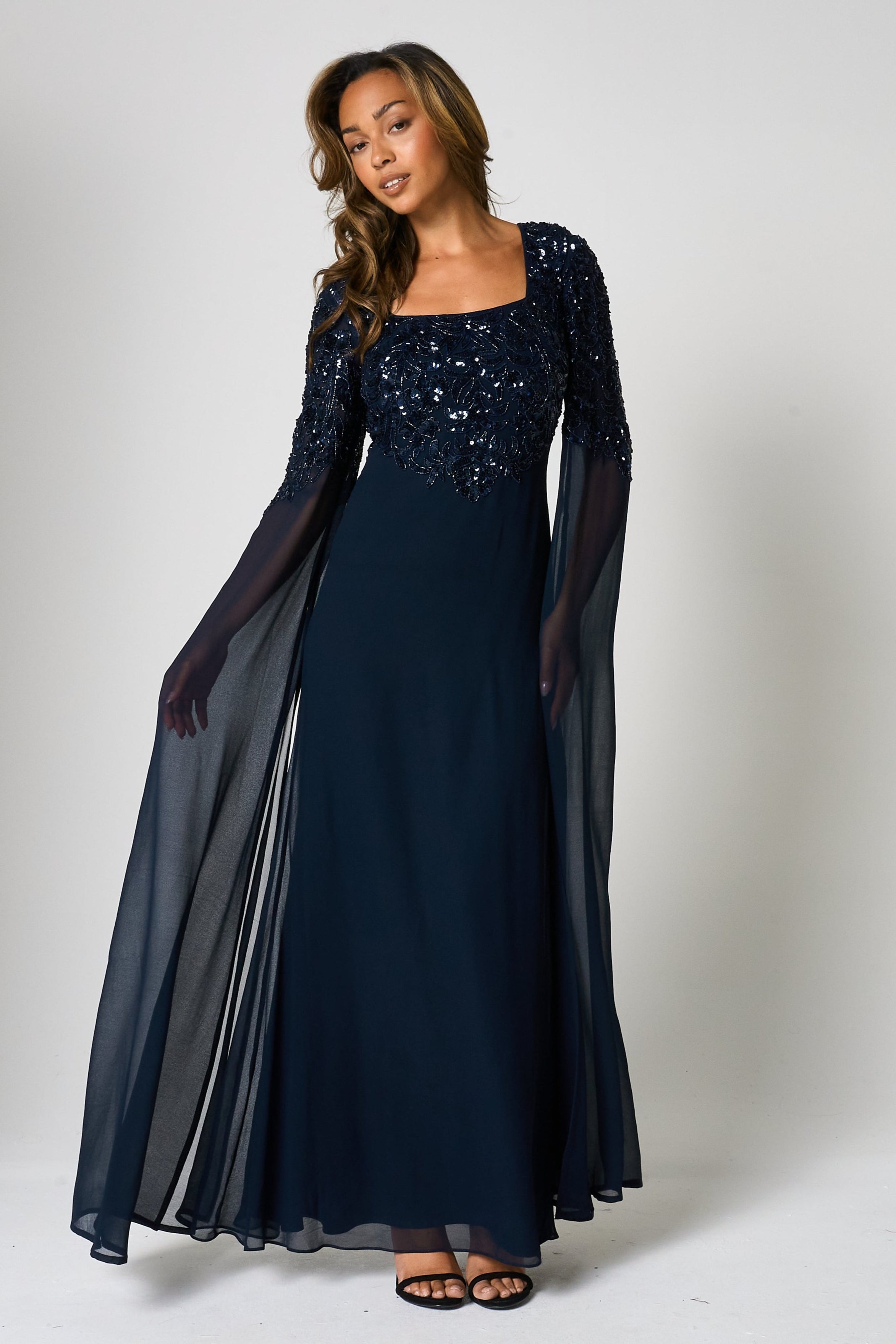 Cherith Navy Embellished Cape Sleeve Maxi Dress