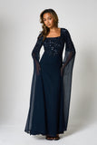 Cherith Navy Embellished Cape Sleeve Maxi Dress