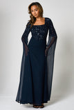 Cherith navy embellished cape sleeve maxi dress by Frock and Frill with square neckline, cascading bodice embellishment and full-length silhouette for elegant occasion wear styling