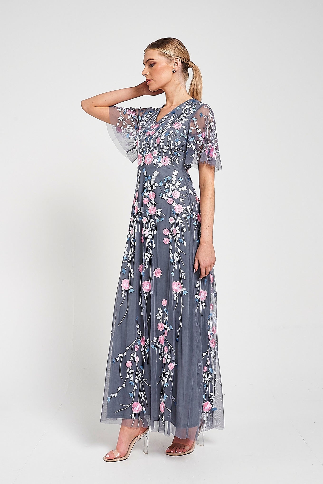 Crisanta Charcoal Floral Embroidered Maxi Dress