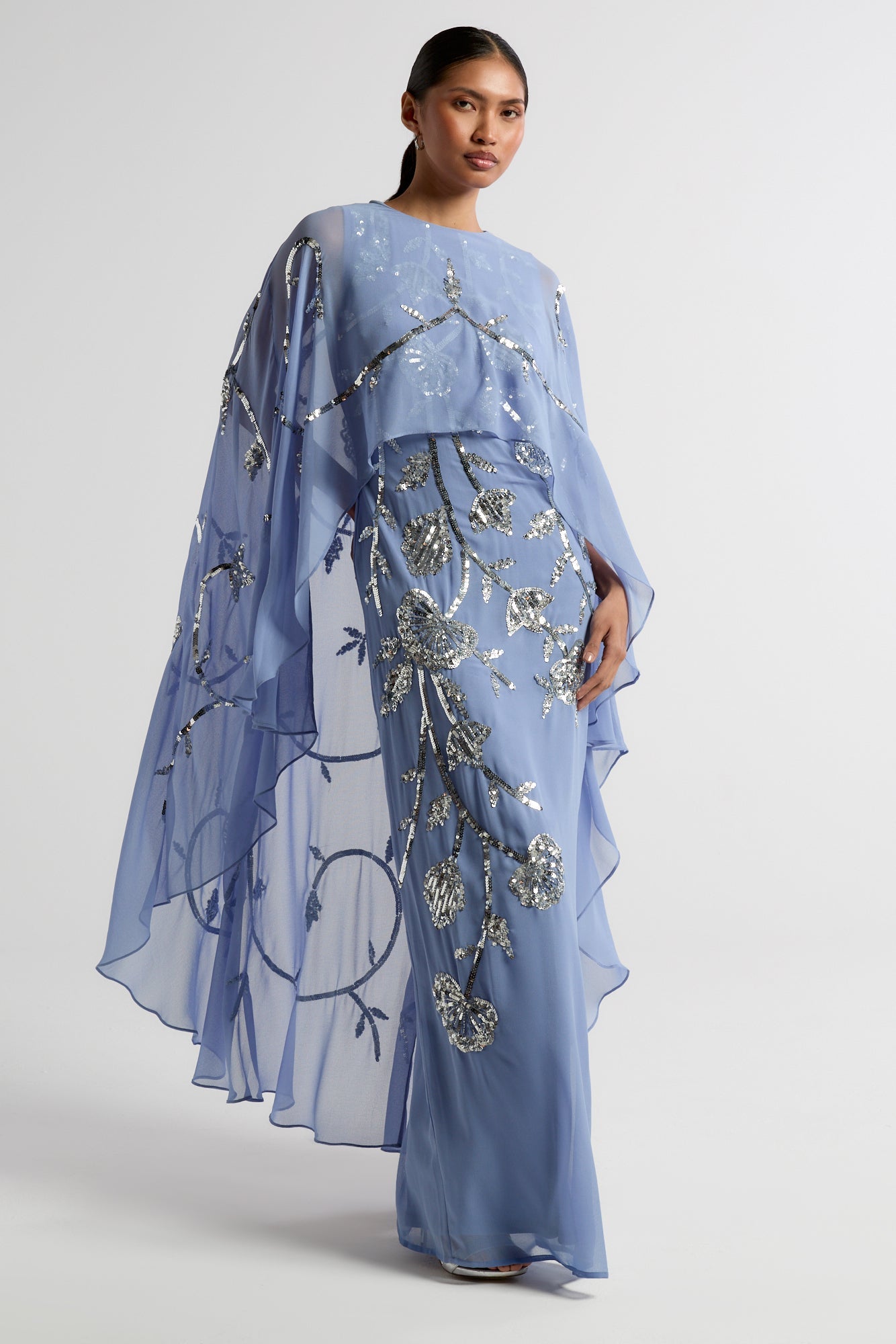 Clarissa Blue Embellished Maxi Dress with Cape Detail by Frock and Frill, floor-length cape dress for weddings and formal occasions