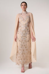 Clementine floral embellished cape sleeve maxi dress with tonal floral beadwork, sheer cape sleeves and flowing silhouette for elegant occasion wear styling