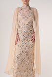 Clementine floral embellished cape sleeve maxi dress with tonal floral beadwork, sheer cape sleeves and flowing silhouette for elegant occasion wear styling
