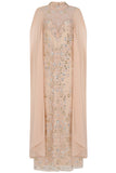 Clementine floral embellished cape sleeve maxi dress with tonal floral beadwork, sheer cape sleeves and flowing silhouette for elegant occasion wear styling