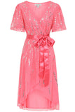 Cleo strawberry embellished wrap front dress with V neckline, satin waist tie and dip hem designed for weddings, race days and summer occasion wear styling