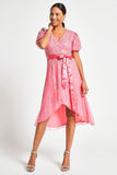 Cleo strawberry embellished wrap front dress with V neckline, satin waist tie and dip hem designed for weddings, race days and summer occasion wear styling