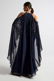 Colette Navy Embellished Cold Shoulder Maxi Dress with Cape Detail – Elegant formal evening gown suitable for bridesmaids, prom, or special occasions