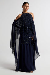 Colette Navy Embellished Cold Shoulder Maxi Dress with Cape Detail – Elegant formal evening gown suitable for bridesmaids, prom, or special occasions