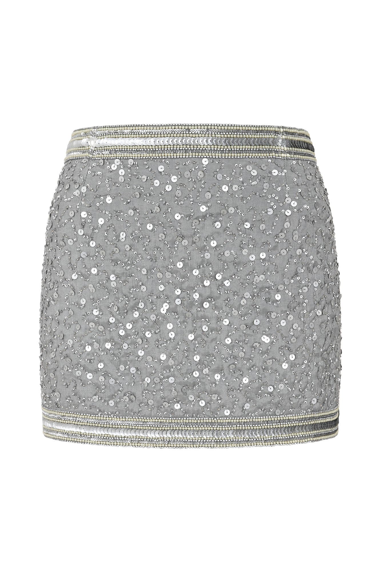 Silver embellished mini skirt with hand-applied sequins and beaded borders, high-waisted party skirt