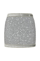 Silver embellished mini skirt with hand-applied sequins and beaded borders, high-waisted party skirt