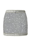 Silver embellished mini skirt with hand-applied sequins and beaded borders, high-waisted party skirt