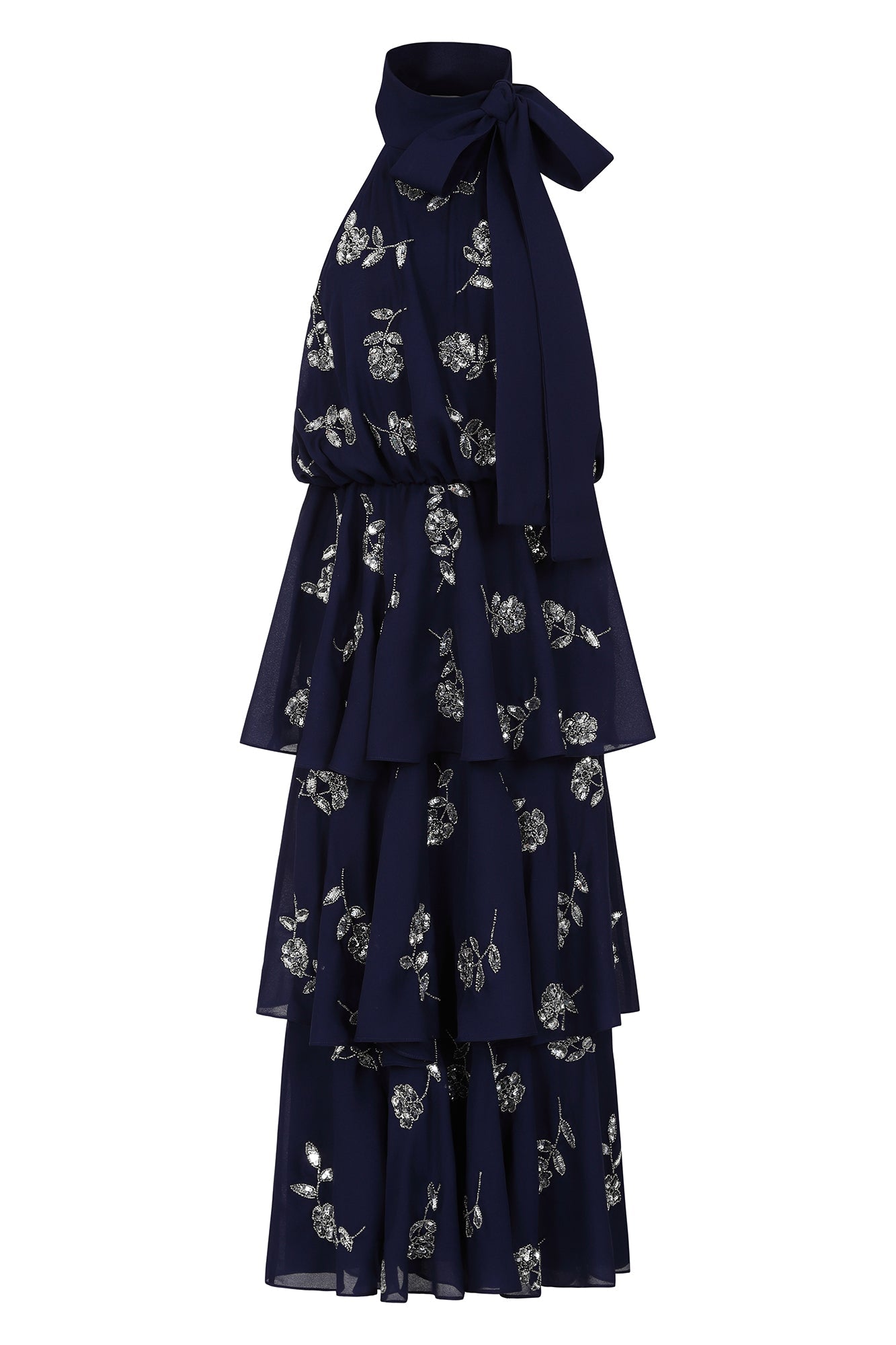 Dalia Navy Floral Embellished Tiered Midi Dress