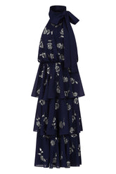Dalia Navy Floral Embellished Tiered Midi Dress