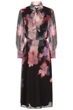 Darcy black floral print midi dress by Frock and Frill with pussybow neckline and long sleeves designed for elegant day to evening and occasion wear styling