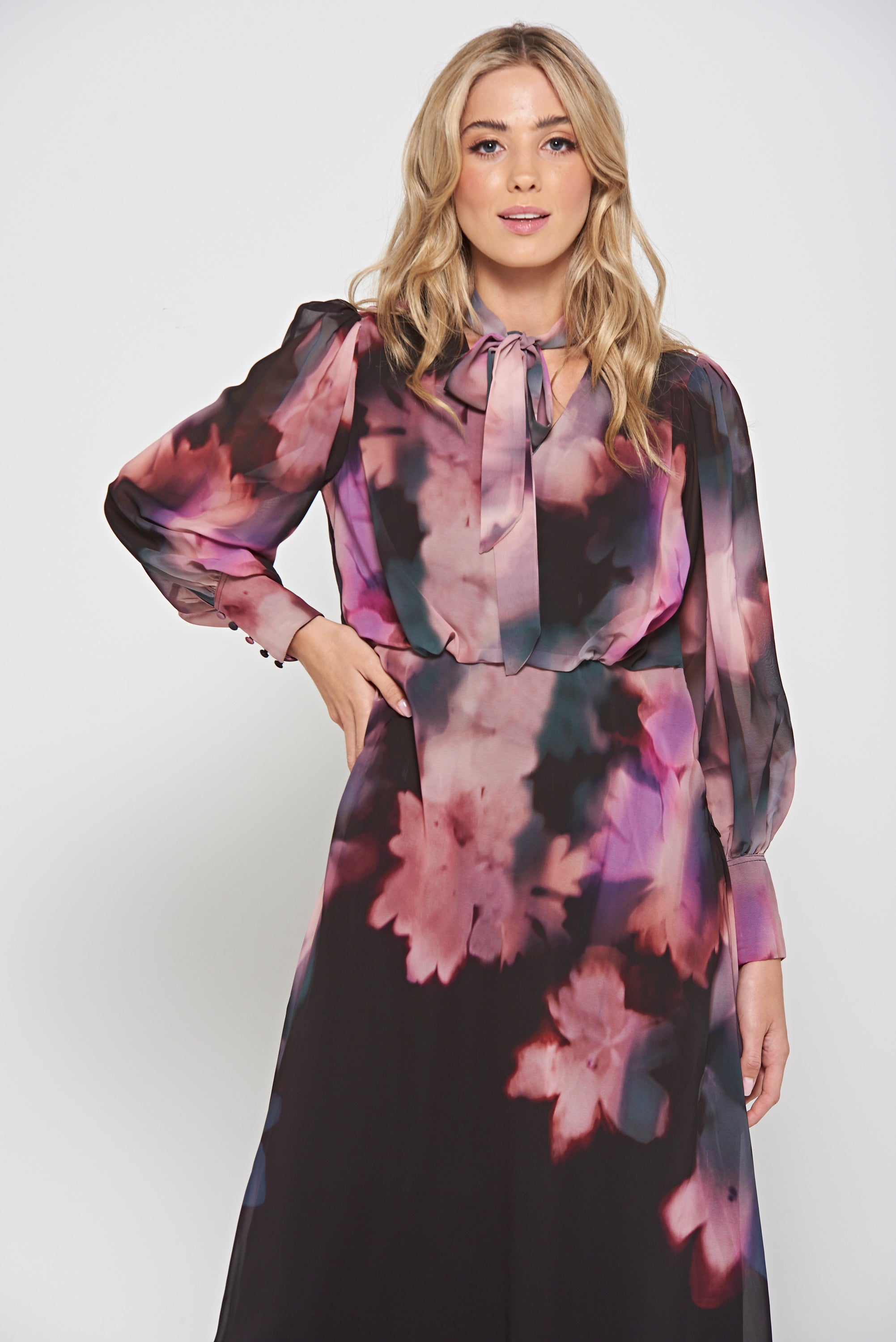 Darcy black floral print midi dress by Frock and Frill with pussybow neckline and long sleeves designed for elegant day to evening and occasion wear styling