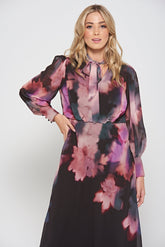 Darcy black floral print midi dress by Frock and Frill with pussybow neckline and long sleeves designed for elegant day to evening and occasion wear styling