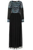 Dariane black sequin maxi dress with embellished bodice, long sleeves and full-length silhouette designed for elegant evening and occasion wear