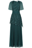 Davina Green Lace Detail Maxi Dress with Pleated Skirt