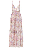 Deia off white floral print maxi dress by Frock and Frill with ruched bust, ruffle trims and cami straps designed for lightweight summer and occasion wear styling