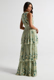 Delilah green floral embroidered tiered maxi dress with shirred waist by Frock and Frill, perfect for weddings, race days, and garden parties.