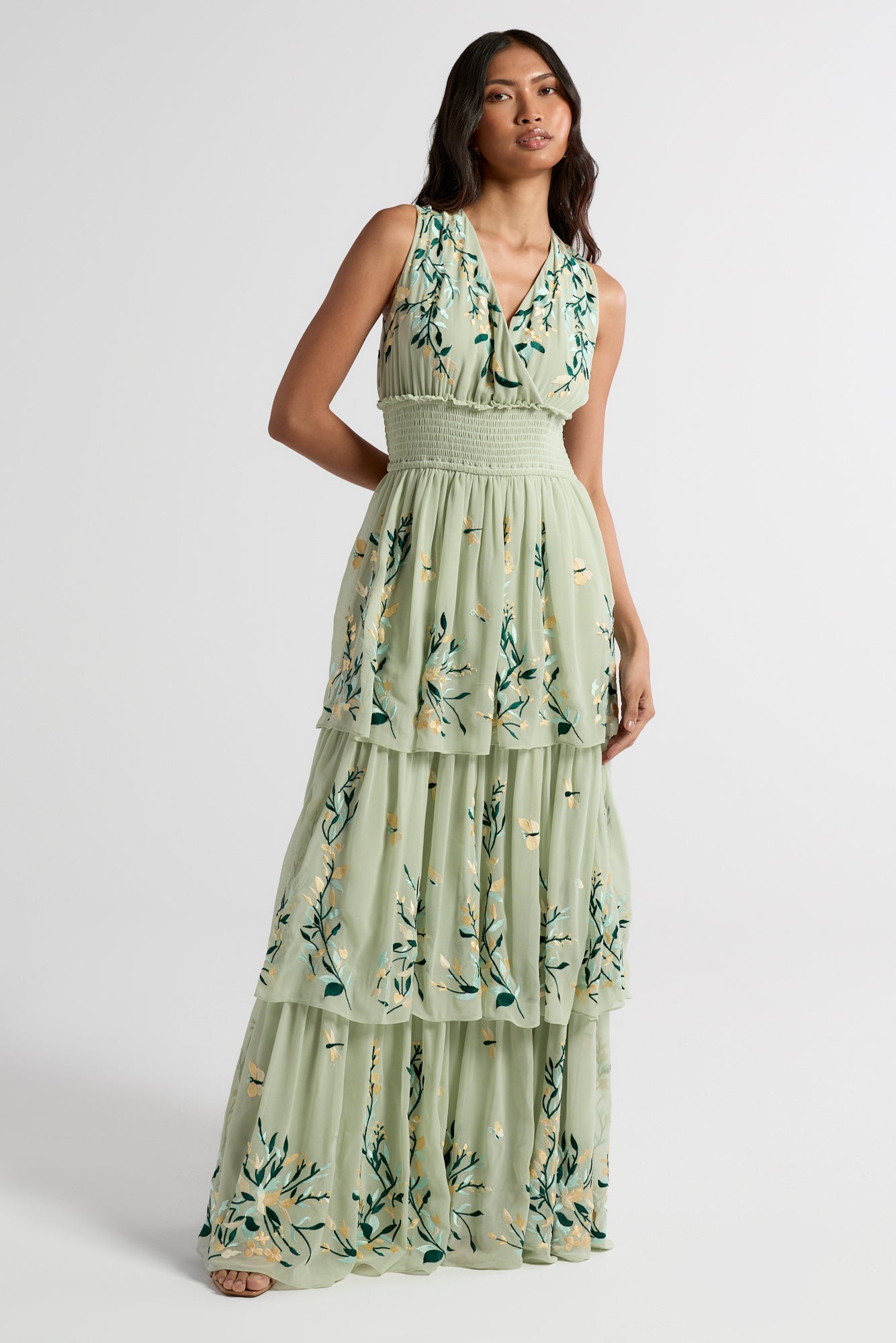 Delilah green floral embroidered tiered maxi dress with shirred waist by Frock and Frill, perfect for weddings, race days, and garden parties.