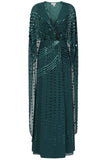 Della Teal Sequin Cape Sleeve Maxi Dress