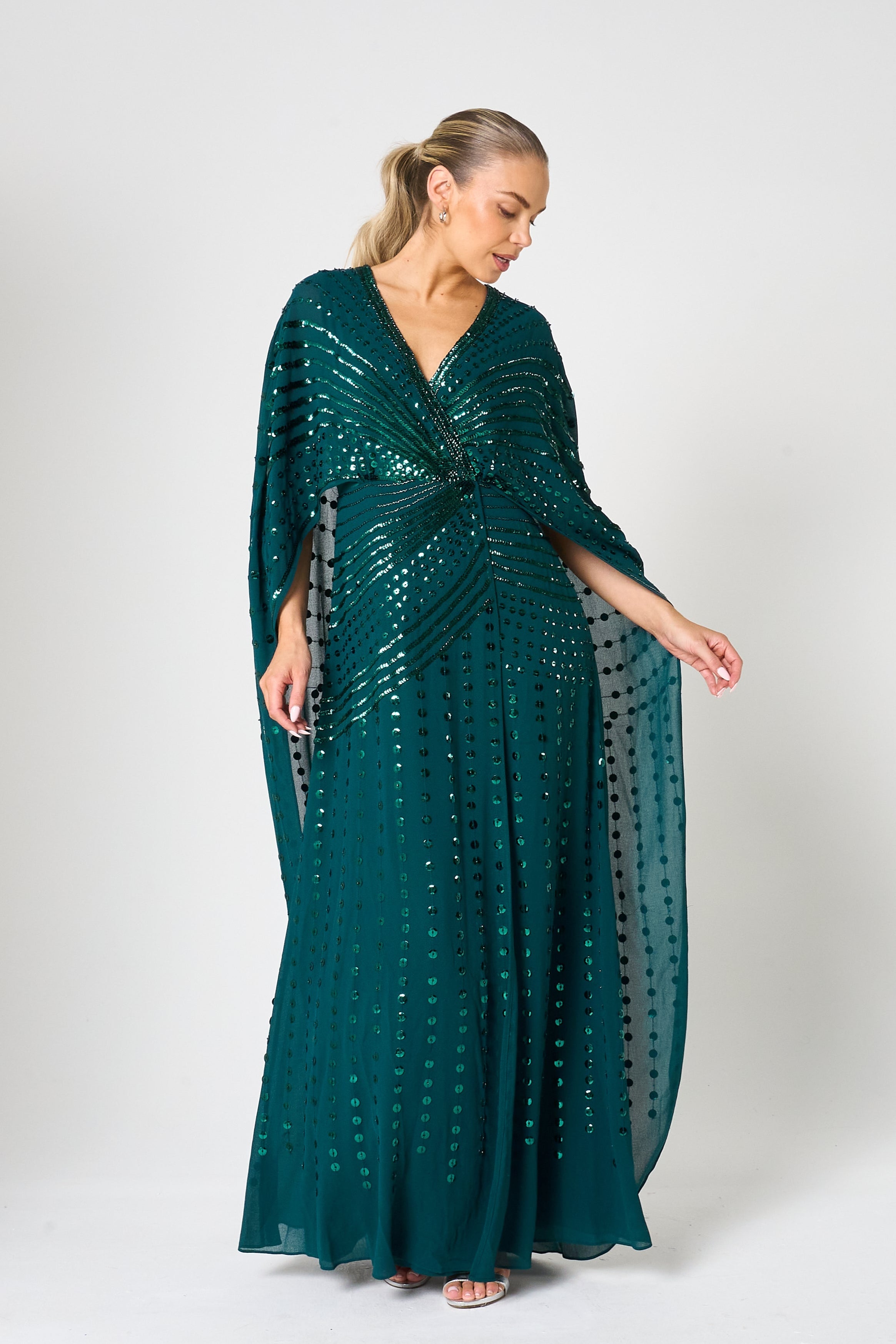 Della Teal Sequin Cape Sleeve Maxi Dress