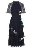 Diantha Floral Embroidered Tiered Midi Dress - Navy