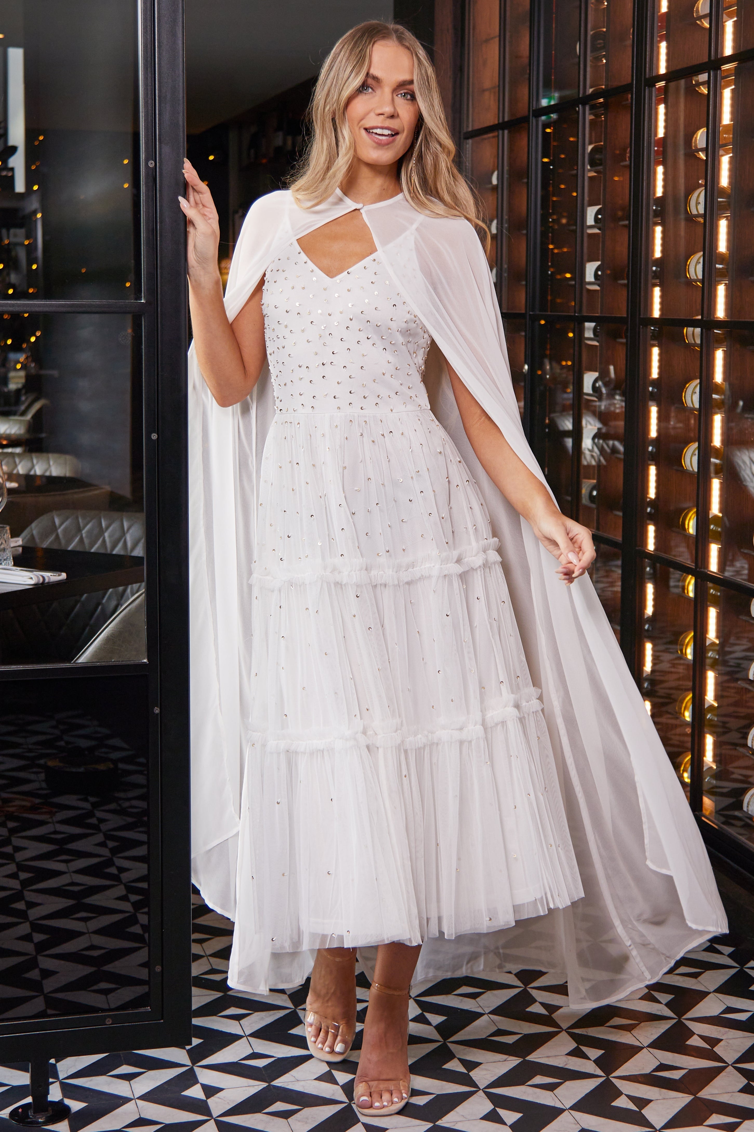 Dorothy Sequin Midi Dress with Cape - White