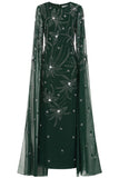 Eden green embellished cape sleeve maxi dress by Frock and Frill with delicate beadwork and a modest full-length silhouette