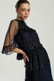 Edith Navy Lace Maxi Dress with Cape Detail by Frock and Frill, floor-length navy dress with lace overlay and flowing cape sleeves, ideal for weddings and parties