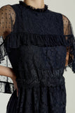 Edith Navy Lace Maxi Dress with Cape Detail by Frock and Frill, floor-length navy dress with lace overlay and flowing cape sleeves, ideal for weddings and parties