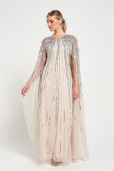 Edna Nude Sequin Cape Sleeve Maxi Dress