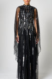 Eileen black sequin cape sleeve maxi dress with full-length silhouette and all-over sparkle designed for elegant evening and occasion wear styling