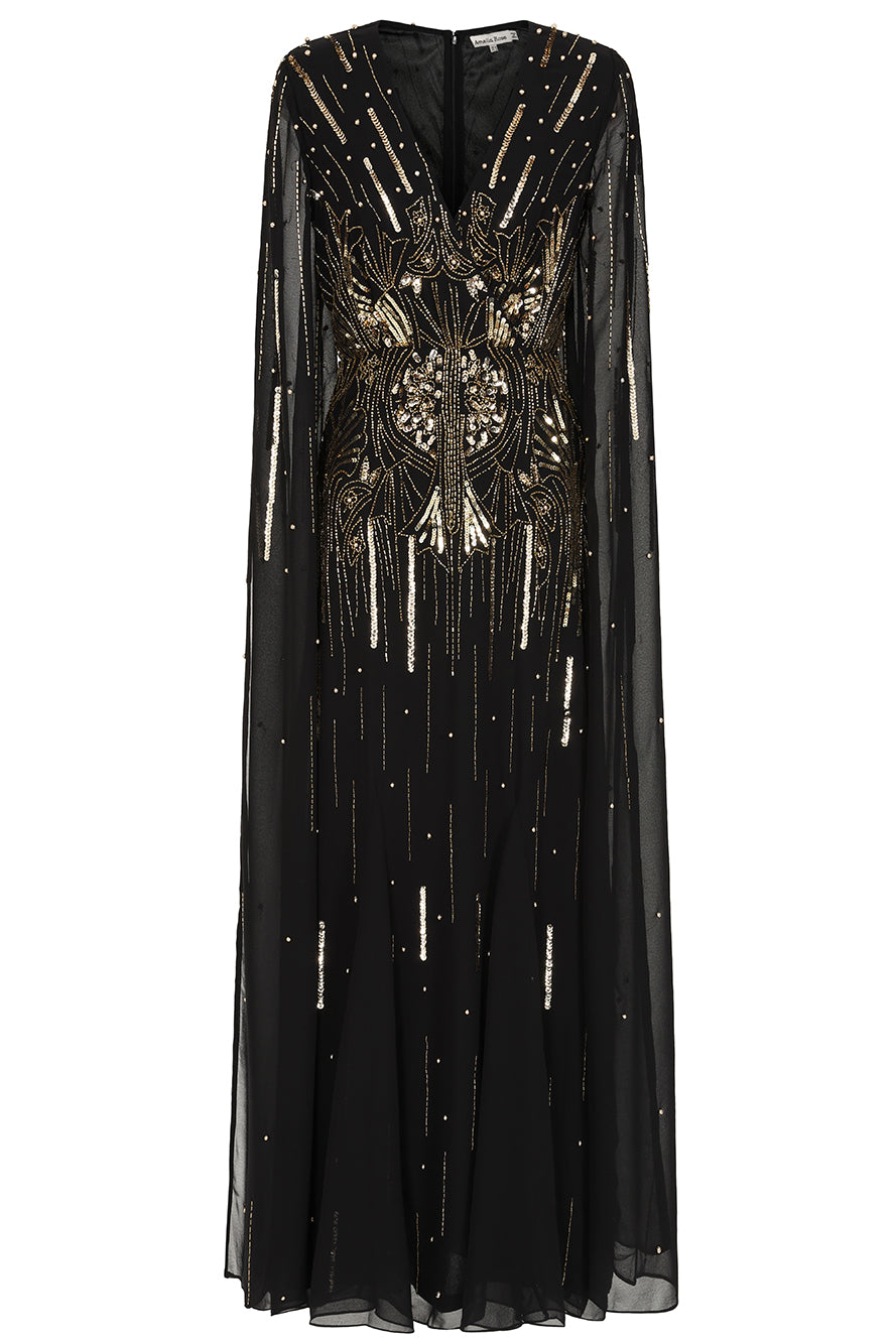 Elara black maxi dress with gold embellishment and sheer cape